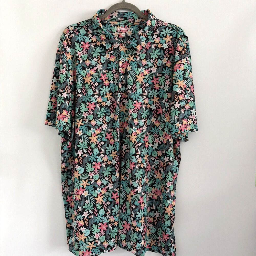 Chubbies Mens XXL Performance Polo Tropical Floral Toucan Parrot Golf Shirt Luau